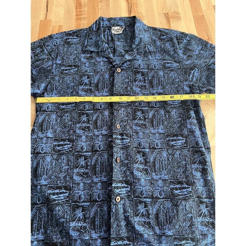 Vintage Men's Hawaiian Shirt 100% Cotton Aloha Tiki Block Print Style Blue Blk S - Picture 6 of 7